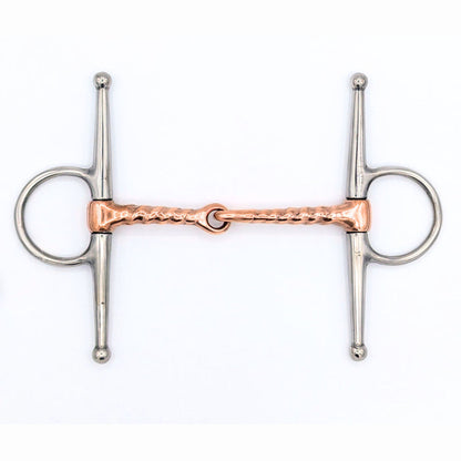 Copper corkscrew Full Cheek bit with stainless steel cheeks and a jointed copper mouthpiece, displayed on a white background for clear product detail.