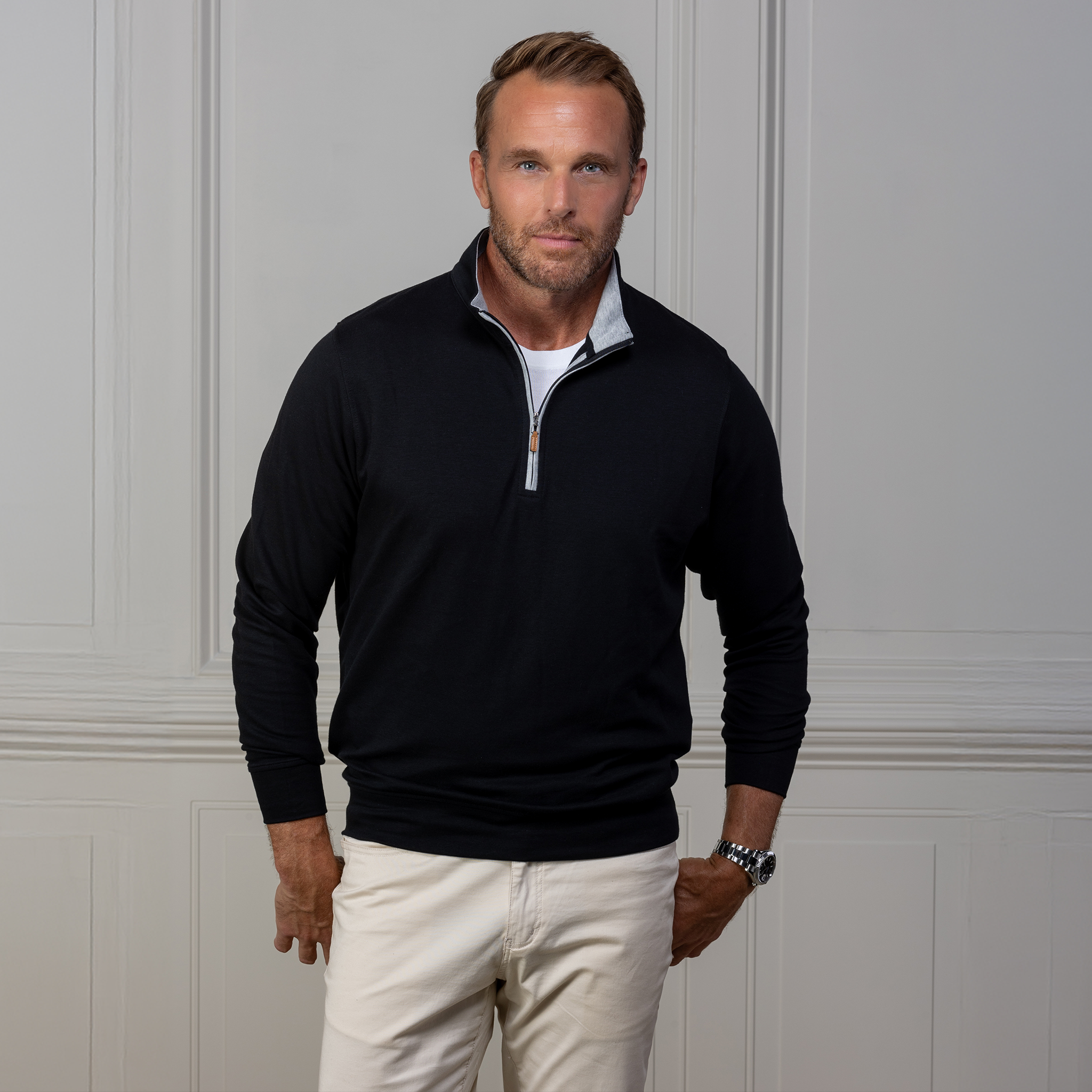 🎁 Heather Cloud Cotton Quarter Zip Black with Light Grey Trim (100% off)
