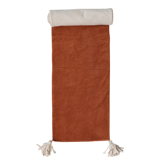 Cotton corduroy linen reversible rust table runner 108 x 14 inch with frayed tassels for farmhouse transitional home decor from Magnolias Home Decor