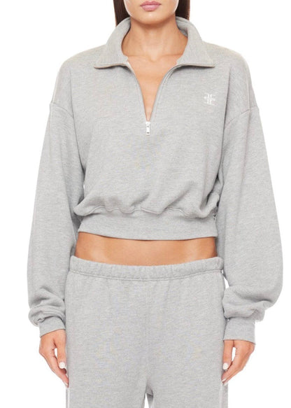 Cropped Half Zip Sweater (Heather Grey)