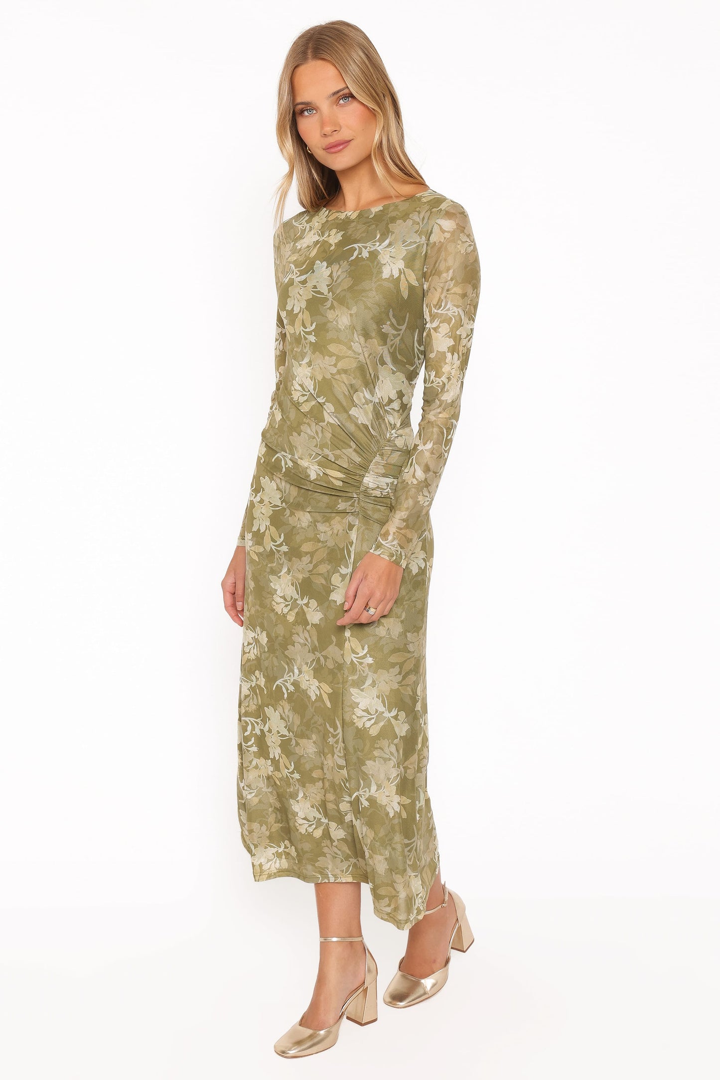 Chelsea Ruched Mesh Maxi Dress - Green Floral