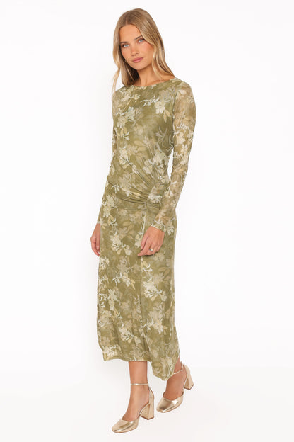Chelsea Ruched Mesh Maxi Dress - Green Floral