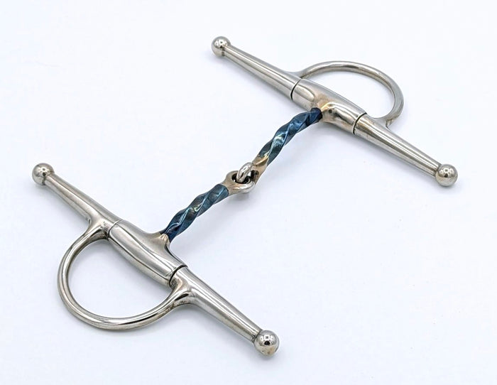 diagonal blue sweet iron slow twist full cheek snaffle bit on a white background.