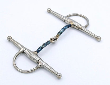 diagonal blue sweet iron slow twist full cheek snaffle bit on a white background.