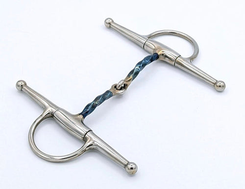 diagonal blue sweet iron slow twist full cheek snaffle bit on a white background.