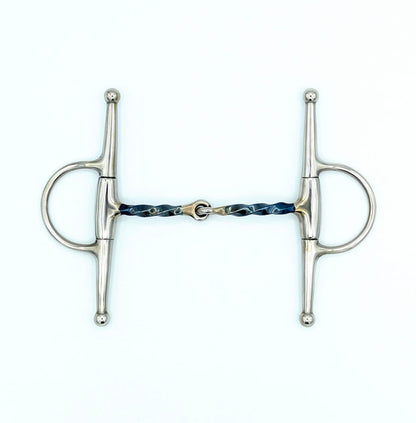 front view of a blue sweet iron thin slow twist full cheek snaffle on a white background.