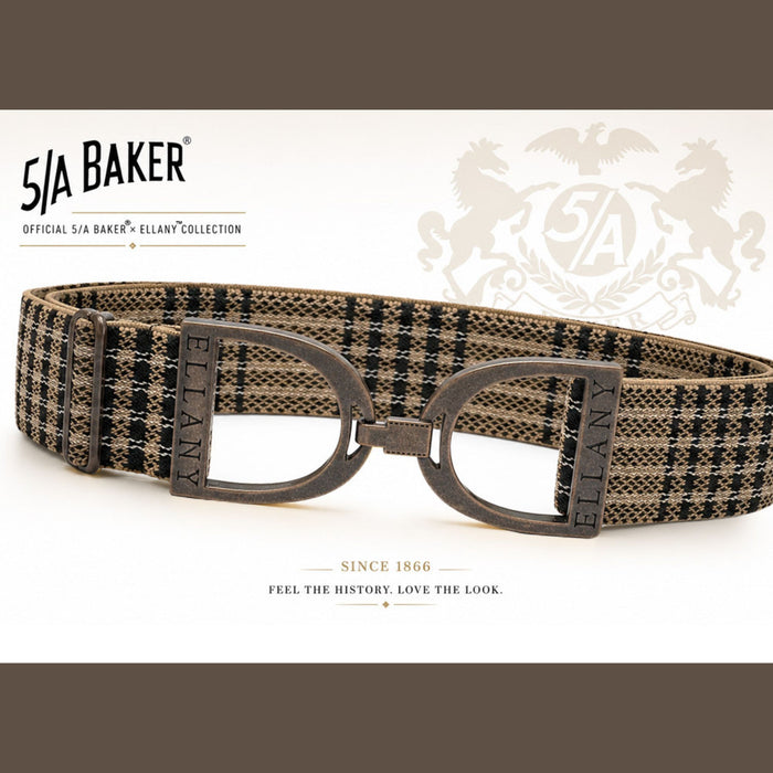 A 51A Baker Ellany collection belt with a brown and black plaid pattern, featuring dark metal D-rings and a matching buckle, displayed on a white background with brand logos.