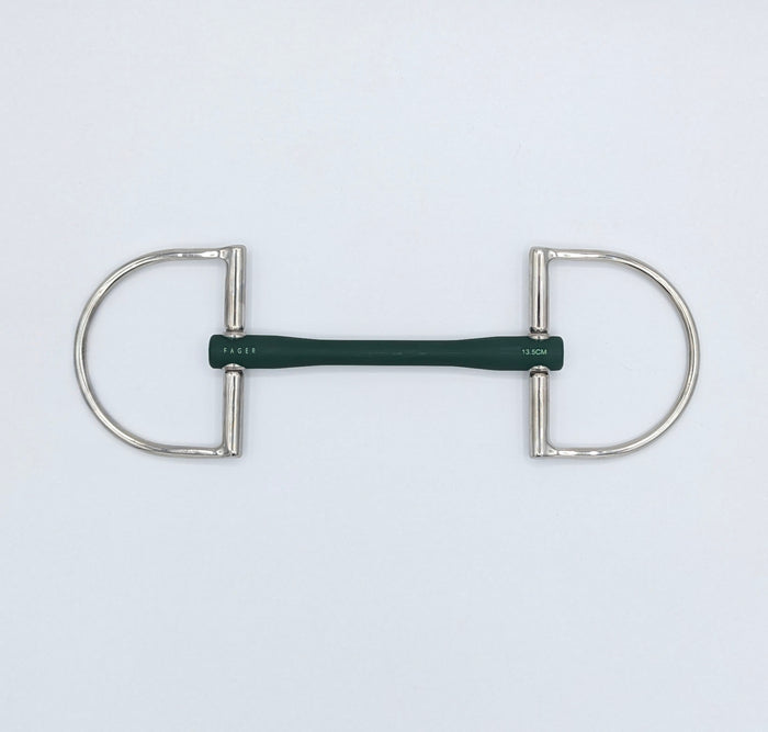 Fager Nicole Soft Rubber Dee Bit in dark green TPU mouthpiece with stainless steel D‑rings, size 13.5 cm