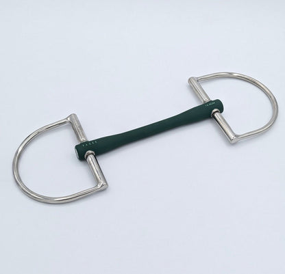 Close-up of the Fager Nicole Soft Rubber Dee Ring Bit showing the dark green TPU mouthpiece and engraved sizing.