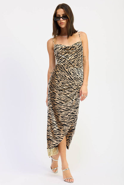 Gathered Midi Zebra Print Dress