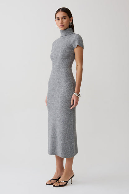 Goldie High Neck Knit Midi Dress - Grey Marle