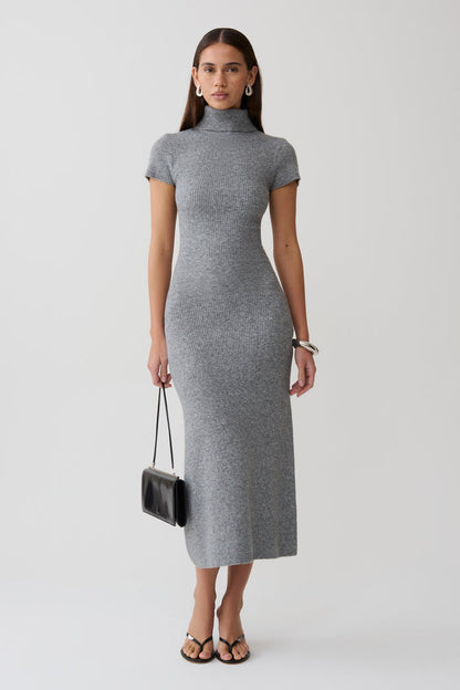 Goldie High Neck Knit Midi Dress - Grey Marle