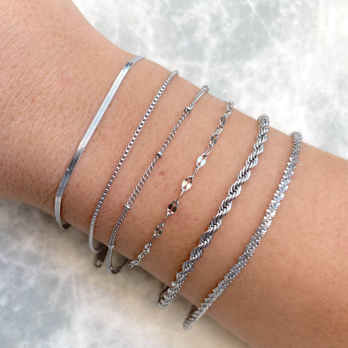 Herringbone Dainty Silver Bracelets - Waterproof