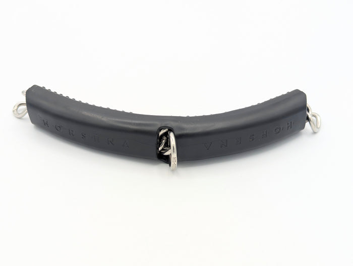 Black Horsena gel curb chain cover with integrated metal rings and center joint, designed to cushion curb pressure and prevent jaw irritation on sensitive horses.