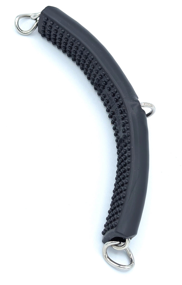 Black Horsena gel curb chain cover with soft raised massage‑nibs on the underside, designed to improve grip, boost circulation, and cushion curb pressure for sensitive horses.