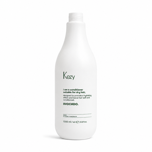 Kezy Avocado Conditioner 1000ml – professional hydrating conditioner for dry hair with avocado extract, vegan formula, salon-quality hair care product on a white background.