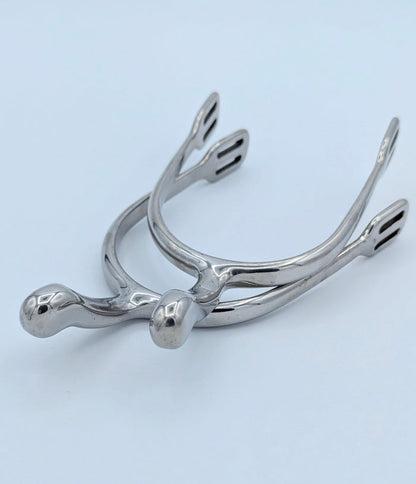 Pair of stainless steel swan‑neck spurs displayed on a light background, showing the curved neck and strap slots.
