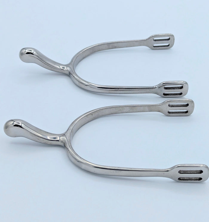 Two stainless steel swan‑neck spurs side by side, highlighting the upward‑sloping neck and rounded ends.
