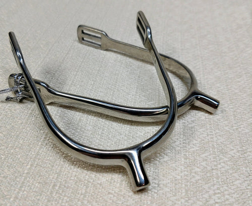 Stainless steel ladies POW spurs with 10mm neck and easy‑insert square‑slot strap design, lightweight and shaped for women riders.
