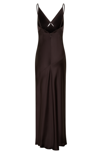 Maddison V Neck Satin Maxi Dress - Dark Chocolate
