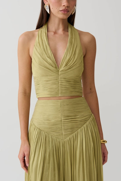 Makena Gathered V Neck Top - Green