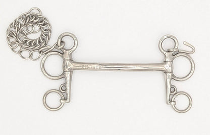 silver mullen pelham bit with rolled curb chain on a white background