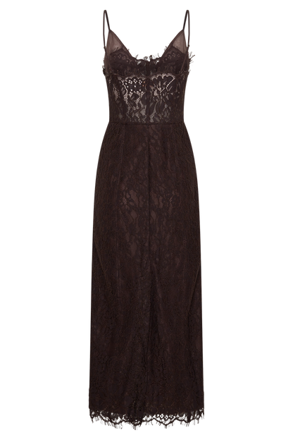Ottilie Lace And Mesh Midi Dress - Dark Chocolate