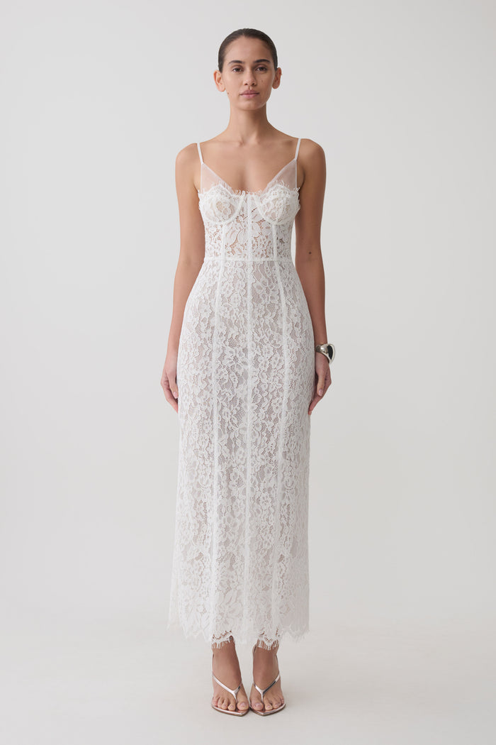 Ottilie Lace And Mesh Midi Dress - White