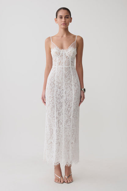Ottilie Lace And Mesh Midi Dress - White