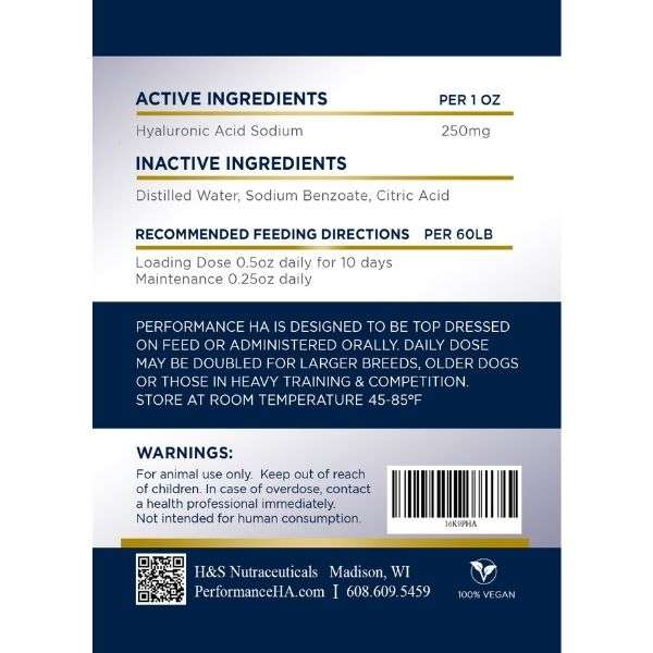 performance ha canine joint supplement back label