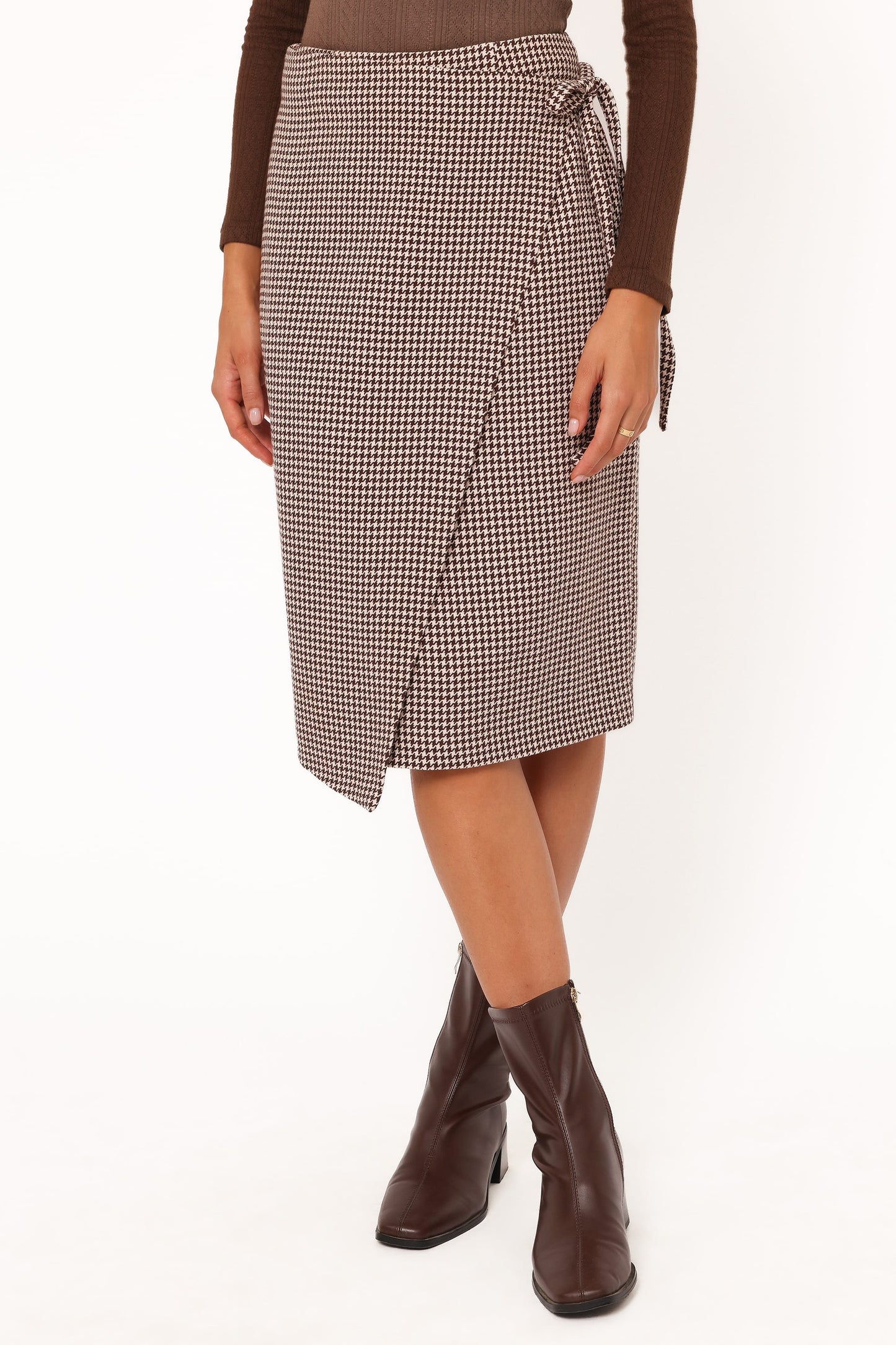 Ariela Wrap Front Midi Skirt - Brown Houndstooth