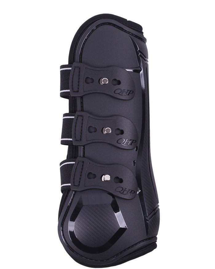 Black equestrian qhp tendon boots on a white background