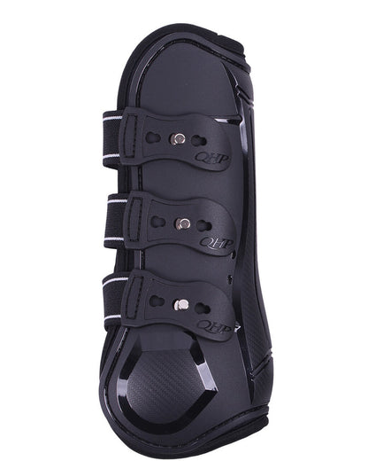 Black equestrian qhp tendon boots on a white background