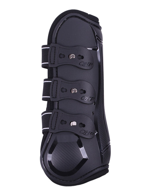 Black equestrian qhp tendon boots on a white background