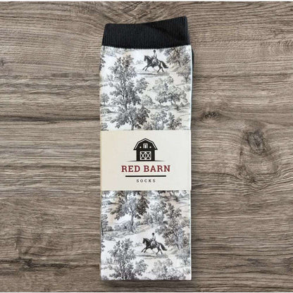 red barn socks countryside canter featuring black and white toile equestrian design