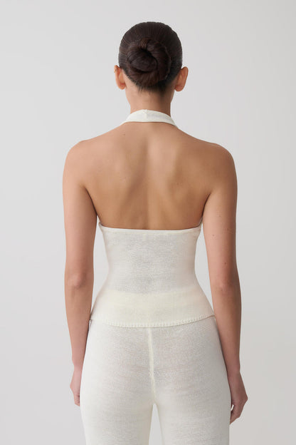 Salley Crochet Halter Longline Top - Ivory