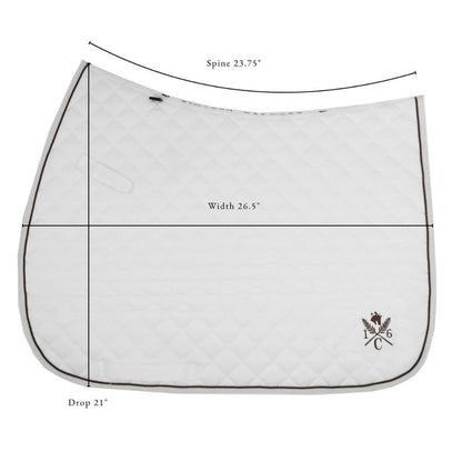 White saddle pad with measurements and a logo on a white background