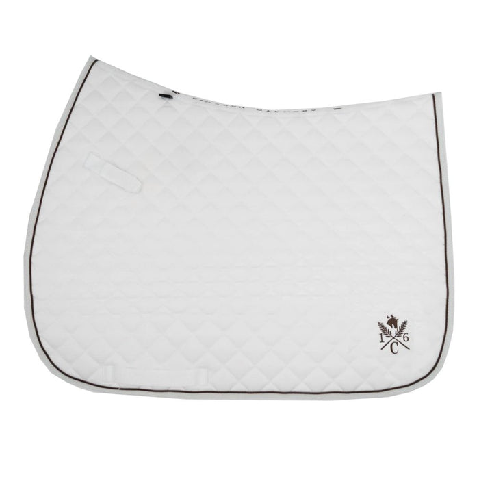 a white sixteen cypress daily sport saddle pad with hickory piping and embroidered design on a white background