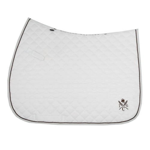 a white sixteen cypress daily sport saddle pad with hickory piping and embroidered design on a white background