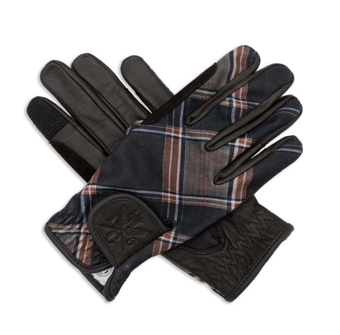 Pair of gloves with plaid pattern and tobacco brown leather sections on a white background