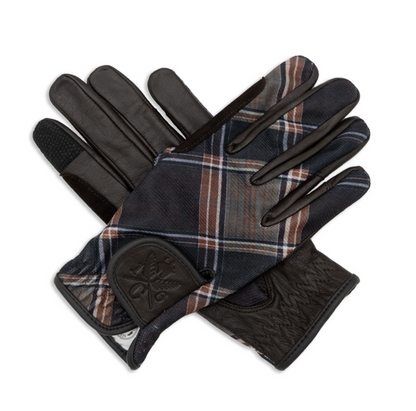Pair of gloves with plaid pattern and tobacco brown leather sections on a white background