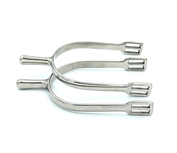 Pair of hand‑polished stainless steel straight‑neck 30mm English riding spurs showing clean U‑shape and strap slots.