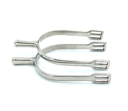 Pair of hand‑polished stainless steel straight‑neck 30mm English riding spurs showing clean U‑shape and strap slots.