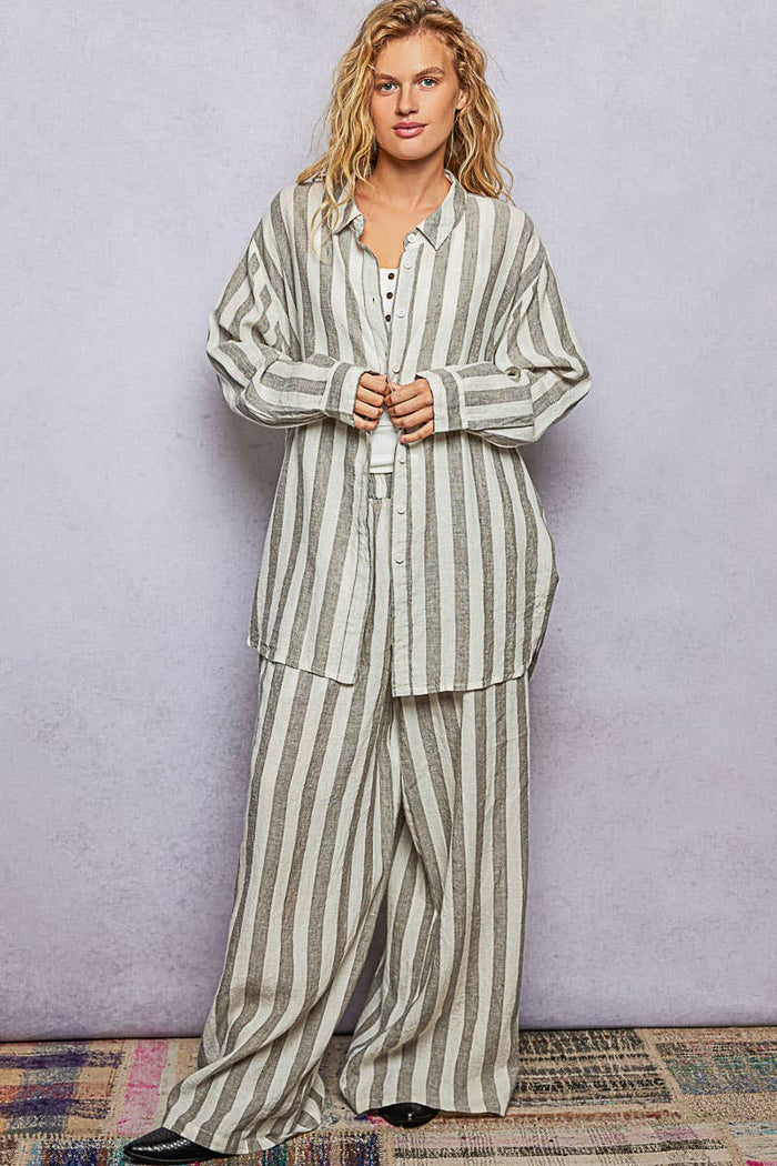 Striped Linen Woven Wide Pants
