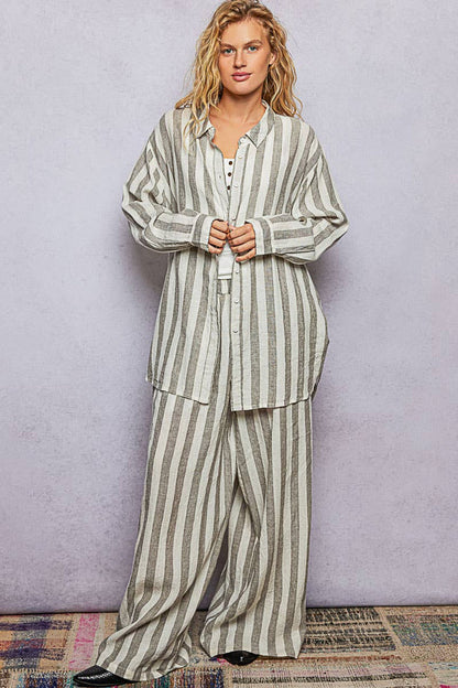 Striped Linen Woven Wide Pants