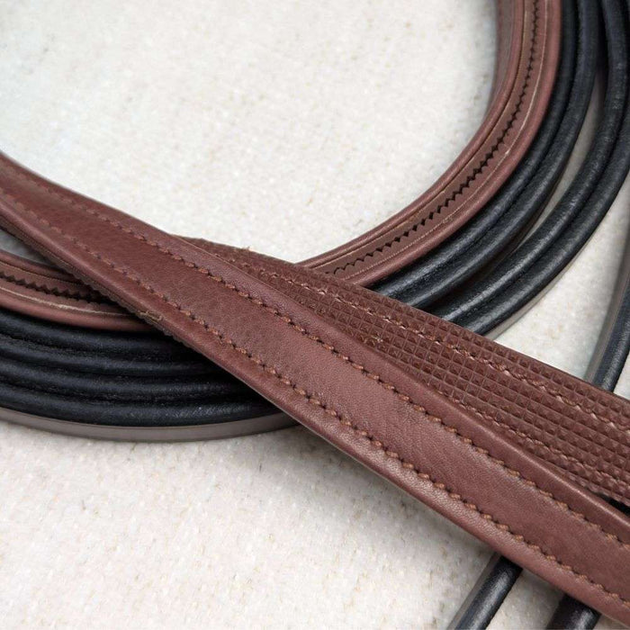 trust monaco lined leather draw reins closeup