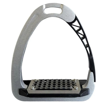 Silver TuffRider Tech Safety Stirrup with grated metal footbed and black polymer side‑release arm, featuring lightweight cutout design for modern rider safety.