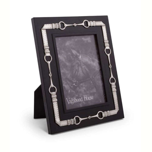 Black photo frame with silver horse‑bit accents around the border, displaying a grayscale horse image.