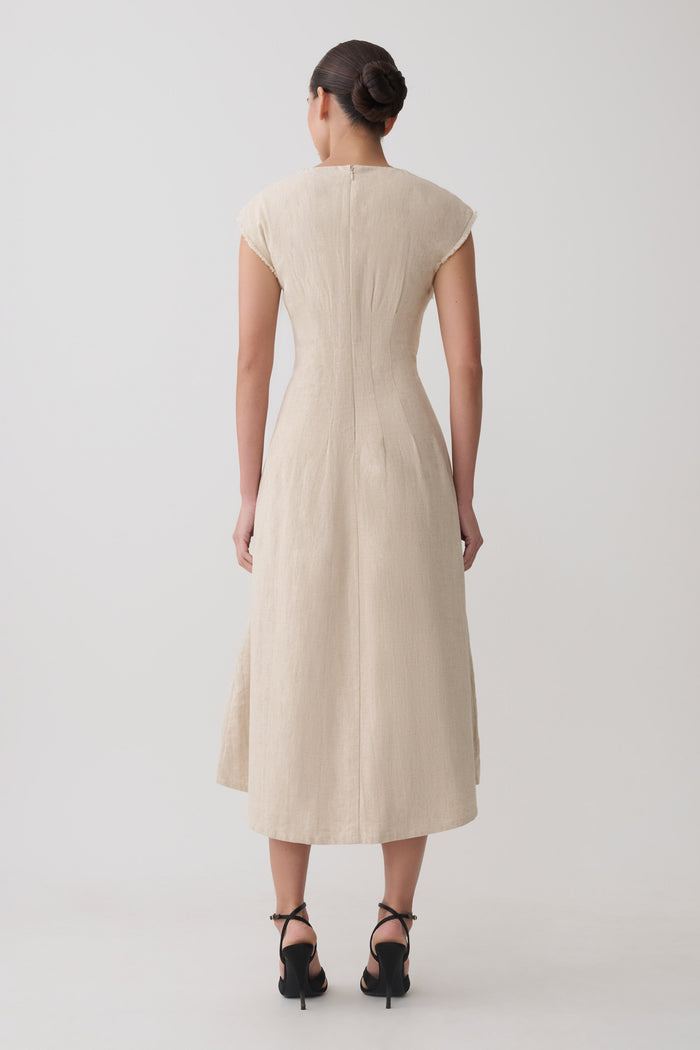 Zinia Linen Cap Sleeve Midi Dress - Natural